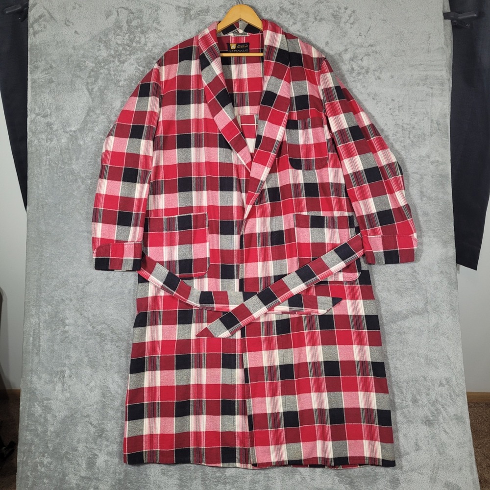 1960s PENNEYS TOWNCRAFT Mens Large All Cotton Red Plaid ROBE Lounge 60s Vtg